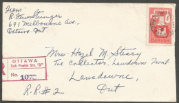 1956 Registered Cover 25c Chemical CDS Ottawa Stn D To Lansdowne MOTO Ontario - Postgeschiedenis