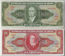 Brazil Banknote 1 And 10 Cents Cancel 1966 President Getúlio Vargas Emperor Pedro II Pick-183a 185a Minstro Uncirculated - Brésil