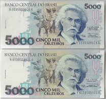Brazil Banknote Amato-219 221 Pick-232a 232c 5000 5.000 5,000 Cruzeiros 1990 1993 Carlos Gomes Music UNC - Brésil