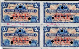 SCOTLAND 1938 UNION BANK OF SCOTLAND UNCUT OF 4 Trial £1 NOTES PRINTES PROOFS , SPECIMEN VF !! - 1 Pound