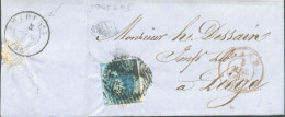 N°7 - Médaillon 20 Centimes Bleu, Touché, Obl. Croisées P.45 + M.V. sur Lettre De GAND le 5 Avril 1856 Vers Liège + (ver - 1851-1857 Médaillons (6/8)