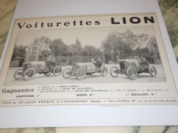 ANCIENNE  PUBLICITE  VOITURETTE LION DE PEUGEOT  1909 - Voitures