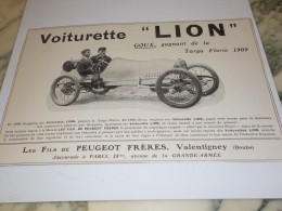 ANCIENNE  PUBLICITE  VOITURETTE LION DE PEUGEOT  1909 - Voitures