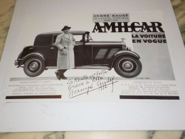 ANCIENNE  PUBLICITE ANDRE BAUGE ET VOITURE AMILCAR 1932 - Voitures