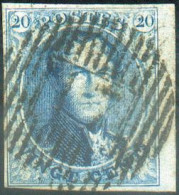 N°7 - Médaillon 20 Centimes Bleu, Grandes Marges Et Bdf Droit, Obl. P/D.17 BEVERLOO idéalement Apposée. - Superbe - 2158 - 1851-1857 Médaillons (6/8)