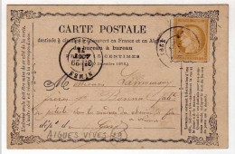!!! CARTE PRECURSEUR CERES CACHET D'AIGUES VIVES (GARD) 1873 - Cartes Précurseurs