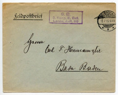 Germany 1915 WWI Feldpost Cover - Neubreisach, S.B. 3. Komp. E. Batl. Landw. J.-R. 110 To Baden-Baden - Feldpost (franqueo Gratis)