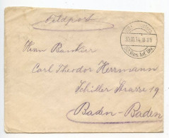 Germany 1914 WWI Feldpost Cover - 52. Res. Inf. Div. To Baden-Baden - Feldpost (postage Free)