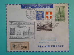 DB19 FRANCE BELLE LETTRE RR RECOM.  ++++ 1950 IER VOL PARIS A MONREAL CANADA  +++AFF.PLAISANT+++++ - First Flight Covers