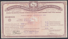 Torino 1938, Compagnia Anonima D'Assicurazione Torino, Incendi, Infortuni, Quietanza, Polizza - Banque & Assurance