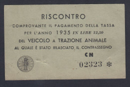 Riscontro Comprovante Pagamento Della Tassa Per L'anno 1935 Del Veicolo A Trazione Animale CN 02323 - Fiscaux