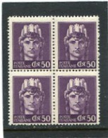 ITALIA - 1945  50c  DEFINITIVE   NO  WMK   BLOCK OF 4  MINT NH - Mint/hinged