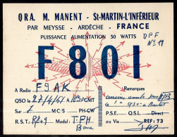 1951 Carte QSL F801 M. Manent 07 St SAINT-MARTIN-L'INFERIEUR Par Meysse Ardèche (vignette Au Dos) - Otros & Sin Clasificación