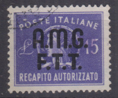 TRIESTE ZONA A 1949 RECAPITO AUTORIZZATO 15 LIRE VIOLETTO N.3 USATO  - Afgestempeld