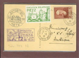 EXPOSITION PHILATELIQUE DE METZ 1938 - CACHET DE L'EXPO, TAMPON DE LA POSTE, VIGNETTE DE L'EXPO, TIMBRE ANATOLE FRANCE - Sonstige & Ohne Zuordnung