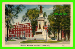 WATERBURY, CT - SOLDIER'S MONUMENT - ANIMATED WITH OLD CARS - AMERICAN ART POST CARD CO - - Waterbury