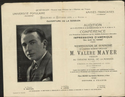 1930 - Quiévrain - Université Populaire / Amitiés Françaises - Valère Mayer, Ténor Théâtre Royal De La Monnaie - Programs