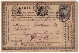 !!! CARTE PRECURSEUR TYPE SAGE, CACHET DE PONCHARRA ( ISERE ) 1877 - Cartes Précurseurs