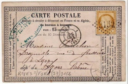 !!! CARTE PRECURSEUR CERES, CACHET DE RIVES SUR FURE ( ISERE ) 1874 - Cartes Précurseurs