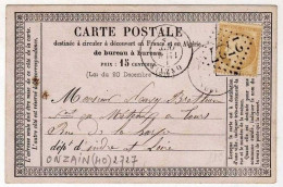 !!! CARTE PRECURSEUR TYPE CERES, CACHET D'ONZAIN (LOIR ET CHER) 1875 - Cartes Précurseurs