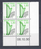 PREOBLITERE N° 210 - HARPE - BLOC De 4 COIN DATE - NEUF SANS CHARNIERE - 8/10/90 - Precancels