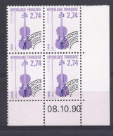 PREOBLITERE N° 212 VIOLON - BLOC De 4 COIN DATE - NEUF SANS CHARNIERE - 8/10/90 - Prematasellados