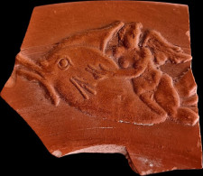 Roman Redware Vessel Fragment With Eros Riding A Dolphin - Archeologie