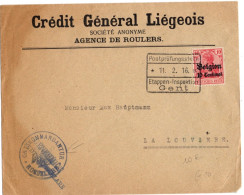 BELGIQUE  OCCUPATION ALLEMANDE YT N°14 OBLITERE SEUL SUR LETTRE CACHET COMMANDANTUR ROULERS POUR LA LOUVIERE - OC26/37 Etappengebiet