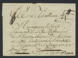 1785, Voorloper Zonder Inhoud Uit Mechelen (kleine Naamstempel, In Zwarte Inkt), Naar Badburg (D), Doorgestuurd Naar Bon - 1714-1794 (Paises Bajos Austriacos)