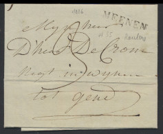 1826 Brief Geschreven In Roeselare, Naamstempel MEENEN (Herlant N° 35) Naar Gent Met Portcijfer 3 (sols), Zm - 1815-1830 (Periodo Olandese)