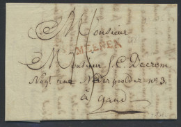 1829 Voorloper Met Inhoud, Rode Naamstempel MEENEN (13.03.1829) Naar Gand, Portcijfer 15, Zm - 1815-1830 (Periodo Holandes)