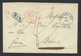 1842 Brief Bruxelles 19 Janv 1842 Naar Reims 21 Janv 1842 Met Rayonstempel B.3.R. In Kader (blauw), Rode Belg. Par Val., - 1830-1849 (Independent Belgium)