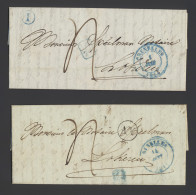 1844 Twee Brieven Brussel Met Postbusstempel  in Cirkel I (blauw) En AV (zwart) Naar Lokeren, Zm - 1830-1849 (Belgica Independiente)