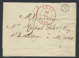 1849 Mooi Briefje (geen Inhoud) Met Postbusletter N In Cirkel En Op Versozijde Een Rode Lijnstempel Après Le Dèpart, Dub - 1830-1849 (Independent Belgium)