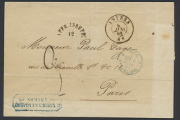 1868 Niet Gefrankeerde Brief Anvers 8 Janv 68 Naar Paris 9.1.68 Met Blauwe Rondstempel Van De Ambulant Belg. Erquelinnes - 1830-1849 (Belgica Independiente)