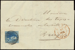 27 Juli 1849 N° 2 20c. Blauw, Goed Gerand En Licht Gest. P.45-Gand Op Zeer Mooie Brief Met Bestemming Brugge, Zeldzame B - 1849 Epaulettes