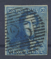 N° 2 20c. Blauw, Goed Gerand + Gebuur En Zeer Mooie Centrale, Ogenvrije Afst. P.25-Charleroi, Zm (OBP €60 + COBA €5) - 1849 Hombreras