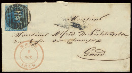 1849 N° 2 20c. Blauw, Volrandig Op Mooie Brief Van P.83-Mons, Zeer Mooi Afgestempeld Naar Gand 1/10/1849, Zm (OBP €150 + - 1849 Epaulettes