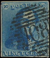 N° 2 20c. Blauw, Goed Gerand En Mooie Centrale, Ogenvrije Afst. P.108-Soignies, Zm (OBP €60 + COBA €100) - 1849 Epaulettes