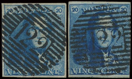 N° 2 + 2A 20c. Blauw (2x), Beide Zeer Goed Gerand, Prachtige Centrale Ogenvrije Afst. P.122-Turnhout, Zm (OBP €120 + COB - 1849 Epaulettes