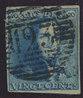 N° 2 20c. Blauw, Zeer Goed Gerand, Mooie Centrale, Ogenvrije P.123-Verviers, Zm (OBP €60 + COBA €10) - 1849 Epaulettes