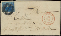 25/6/1850 N° 2A 20c. Blauw, Goed Gerand Op Mooi Briefje Van P.1-Aerschot, Zeer Mooi Gest., Naar Bruxelles, Zm (OBP €150 - 1849 Schulterklappen