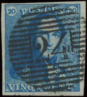 N° 2A 20c. Blauw, Zeer Goed Gerand, Zeer Mooie Centrale, Ogenvrije Afst. P.24-Bruxelles, Zm (OBP €60) - 1849 Epaulettes