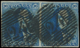 N° 2A 20c. Blauw In Goed Gerand Paar Met Mooie Centrale Afst. P.24-Bruxelles, Zm (OBP €200) - 1849 Mostrine