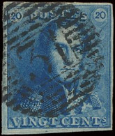 N° 2A 20c. Blauw, Zeer Goed Gerand, Zeer Mooie Centrale Afst. P.31-Deinze, Zm (OBP €60 + COBA €50) - 1849 Schulterklappen