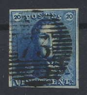 N° 2A 20c. Blauw, Donkere Tint Dichtbij Lila-achtig Blauw, Zeer Goed Gerand, Mooie Centrale Afst. P.73-Liège, Zm (OBP €6 - 1849 Hombreras