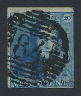 N° 2A 20c. Blauw, Volrandig Tot Breed Gerand, Mooie Centrale, Ogenvrije Afst. P.84-Mouscron, Zm (OBP €60 + COBA €30) - 1849 Hombreras