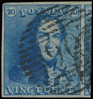 N° 2A 20c. Blauw, Breed Gerand + Volle Gebuur En Zeer Mooie Centrale, Ogenvrije Afst. P.90-Oostende, Zm (OBP €60 + COBA - 1849 Epaulettes