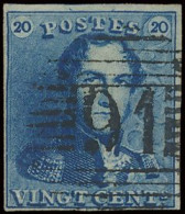 N° 2A 20c. Blauw, Donkere Tint, Goed Gerand, Zeer Mooie Centrale, Ogenvrije Afst. P.91-PECQ, Zm (OBP €60 + COBA €100) - 1849 Hombreras