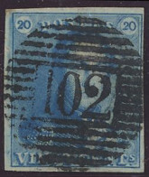 N° 2A 20c. Blauw, Zeer Goed Gerand, Zeer Mooie Centrale Afstempeling P.102-Roulers, Zegel N° 28 Van Plaat II, Zm (OBP €6 - 1849 Mostrine